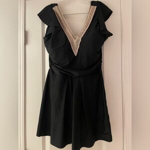 Swim-dress Black and Tan A-Line ruched One Piece with Tie Front